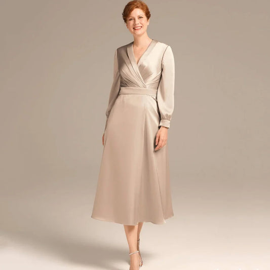 Customized Simple V Neck Mother Dresses Elegant Long Sleeve Wedding Party Gowns Mid-calf Length A Line Formal Bridal Dress