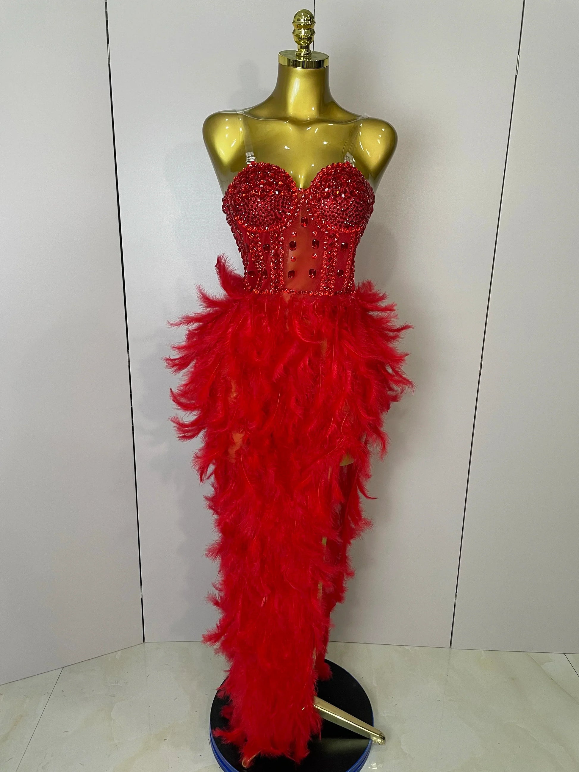 Women Sexy Sparkly Rhinestone Mesh Feather Long Dress Elegant Evening Party Celebrate Birthday Performance Costume Red