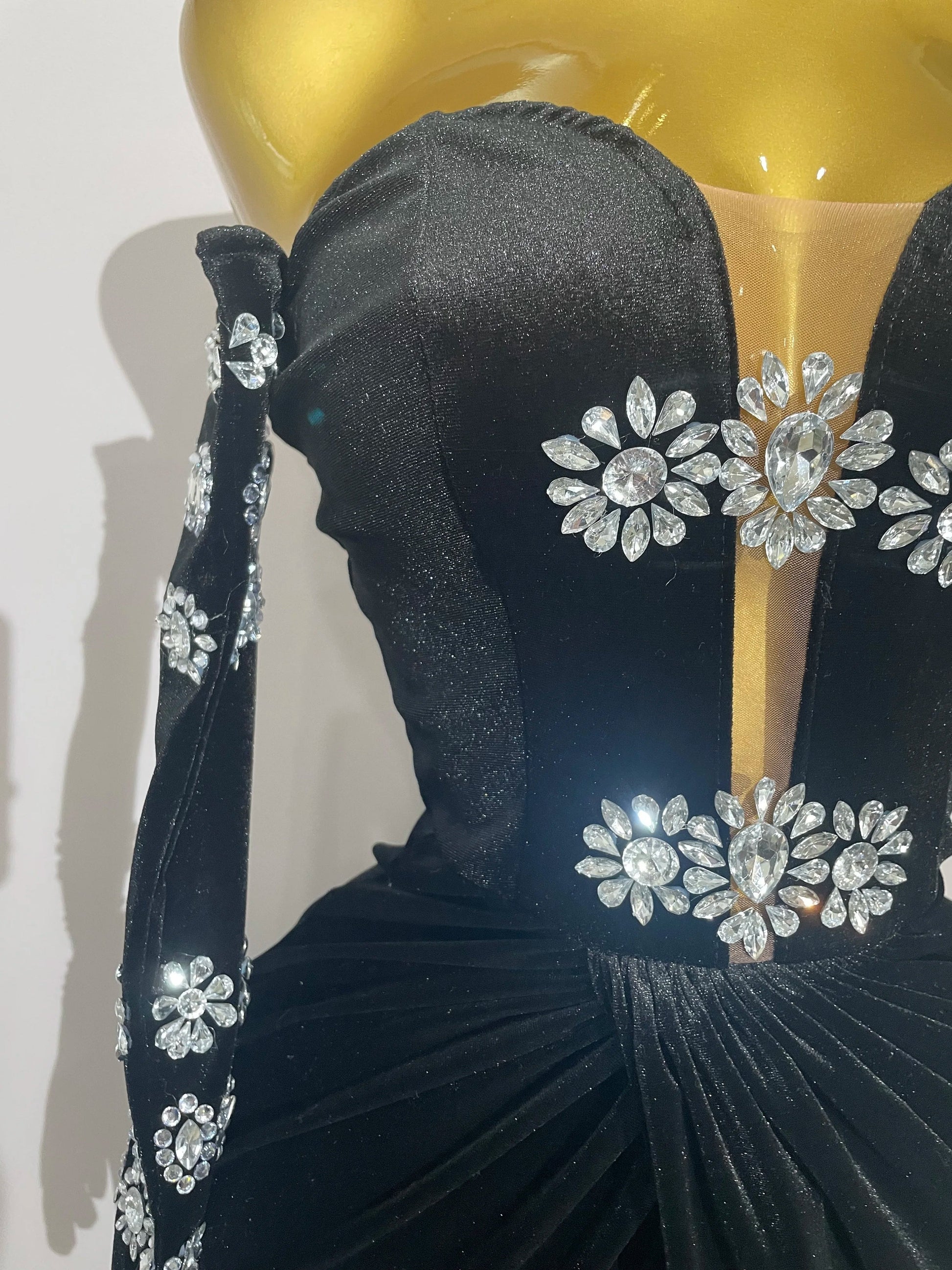 Sparkly Rhinestones Mesh Sexy Split Velvet Gloves Long Dress Women Birthday Celebrate Wedding Gown Stage Photo Shoot Wear