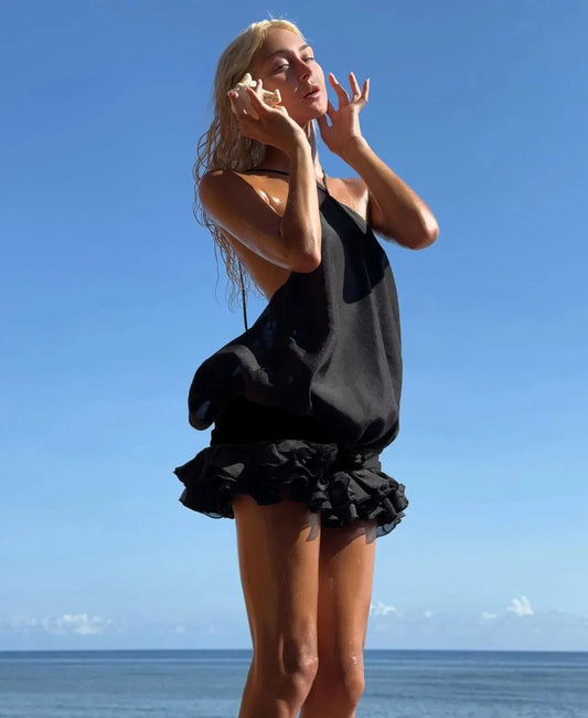 New Summer Black Color Women Sexy Halter Backless Loose Ball Gown Mini Dress Beach Style Girls' Vacation Birthday Outfit black