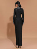 2025 Women's Light Luxury Hot Diamond Bandage Dress High Collar Long Sleeve Patchwork Bodycon Long Dress Evening Party Vestidos