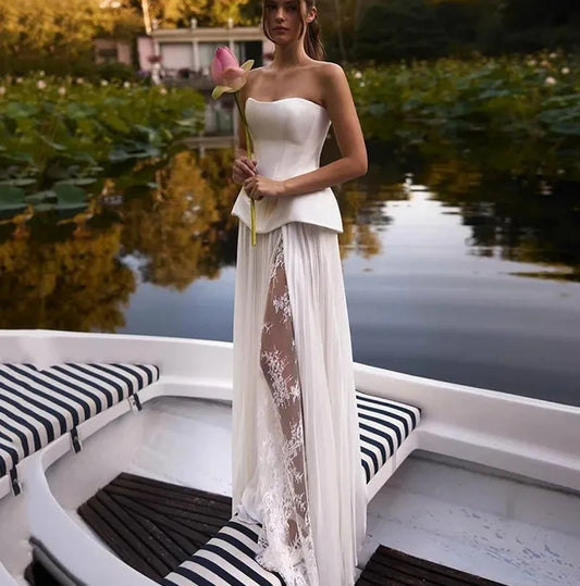 Sexy A-line Wedding Dresses 2026 Strapless Side Split Lace Applique Bridal Party Gowns Dress Vestidos De Noiva