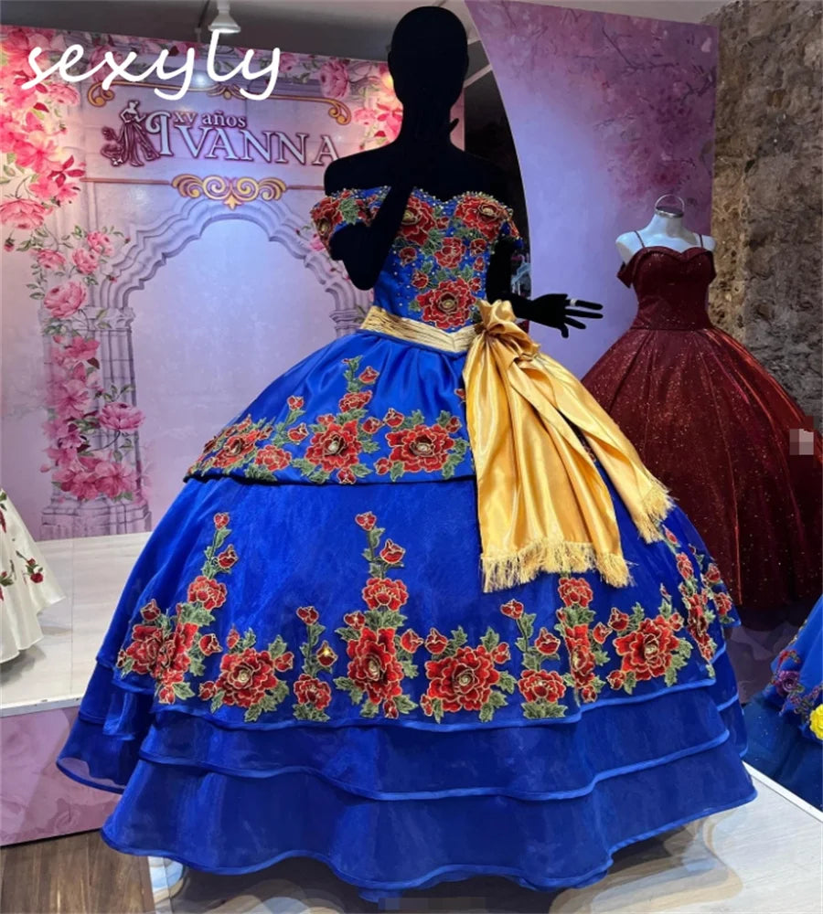 Mexican Blue Charro Quinceanera Dresses Off Shoulder Flowers Sweet 16 Dress Vestidos De 15 Quinceañera Birthday Bow Customized Blue