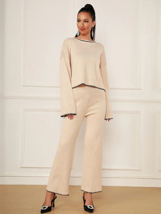 Spring Casual Women's Knitted Pants Set O-neck Long Sleeve Hoodie Loose Knitted Shirt+Straight Pants Two Piece Set