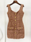 2024 Elegant Women's Button Design Dress Camisole Sleeveless Slimming Mini Dress Celebrity Cocktail Evening Party Vestidos Brown