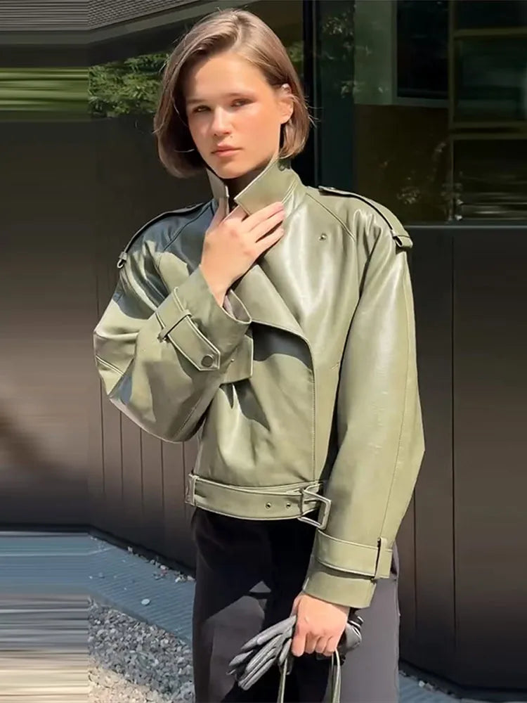 Locomotive Faux Leather Short Jacket Women Turn-down Collar Epaulet Long Sleeve With Belt Coat New Fashionable Ladies Streetwear