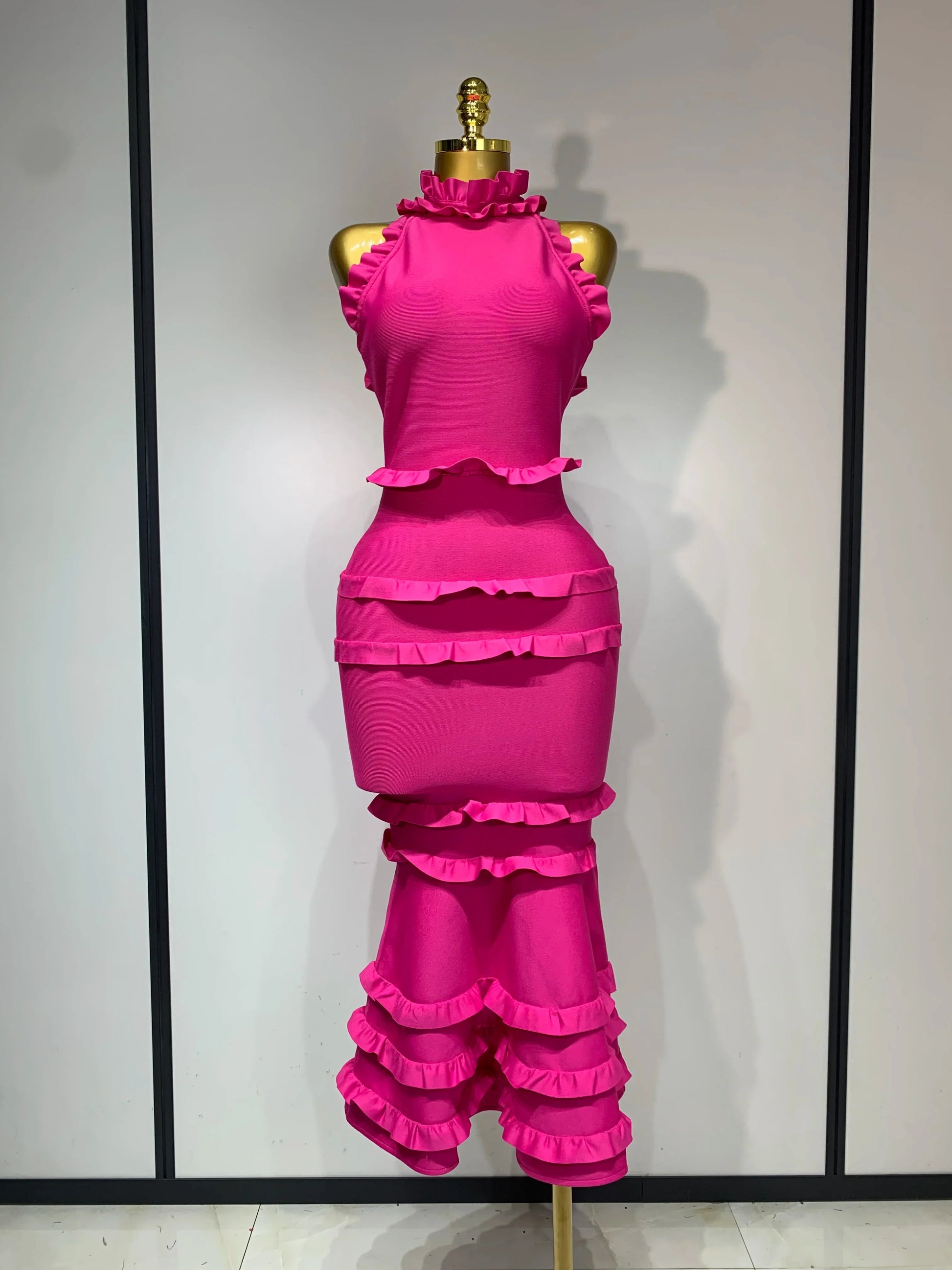 New High quality White Elagant Retro Ruched High Collar Bodycon Bandage Dress Evening Party Fashion Simple Birthday Gown Rose Red