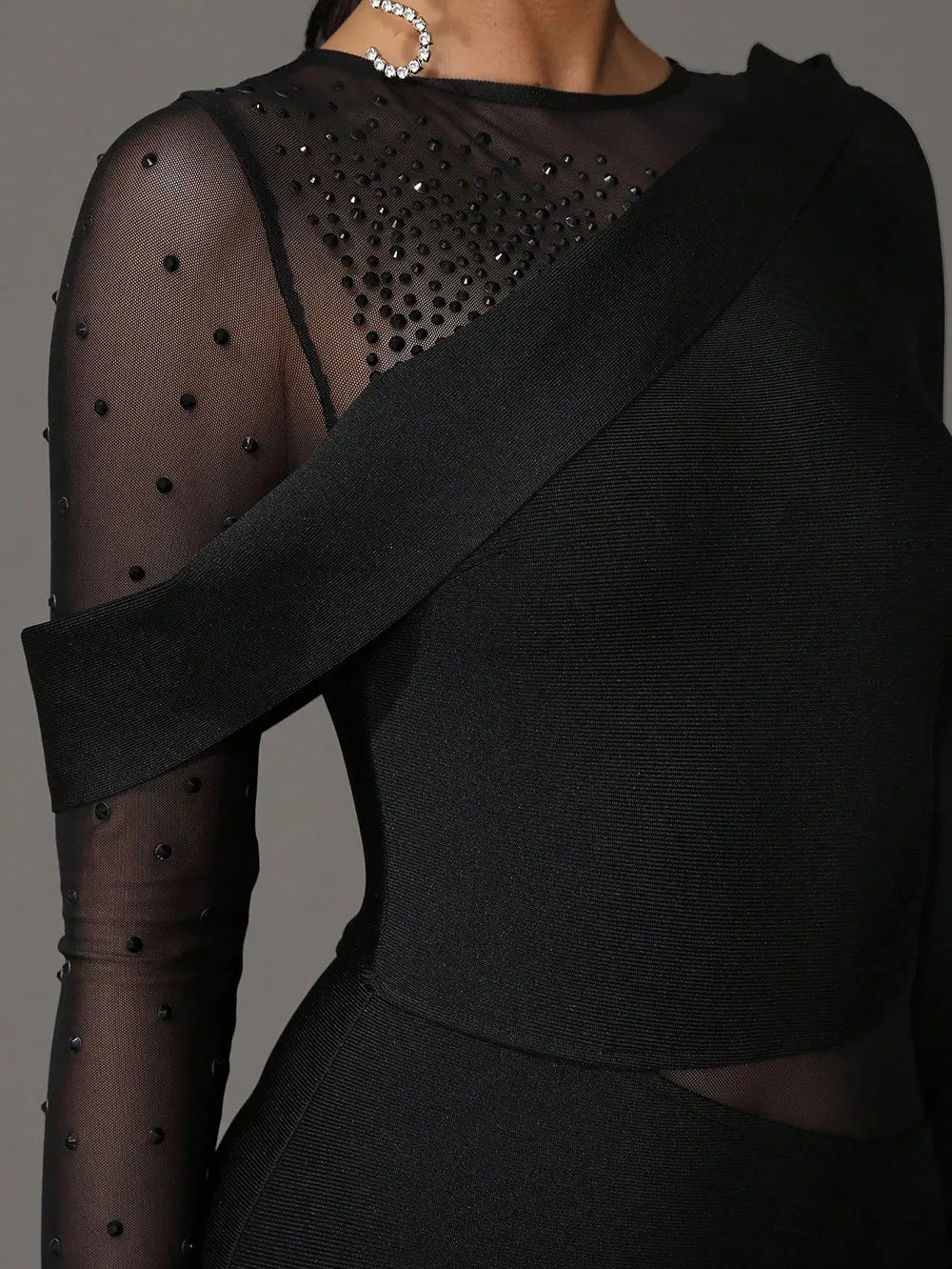 2025 Elegant Women 3D Hot Diamond Mesh Patchwork Bandage Dress O-Neck Long Sleeve Bodycon Black Long Dress Evening Party Vestido