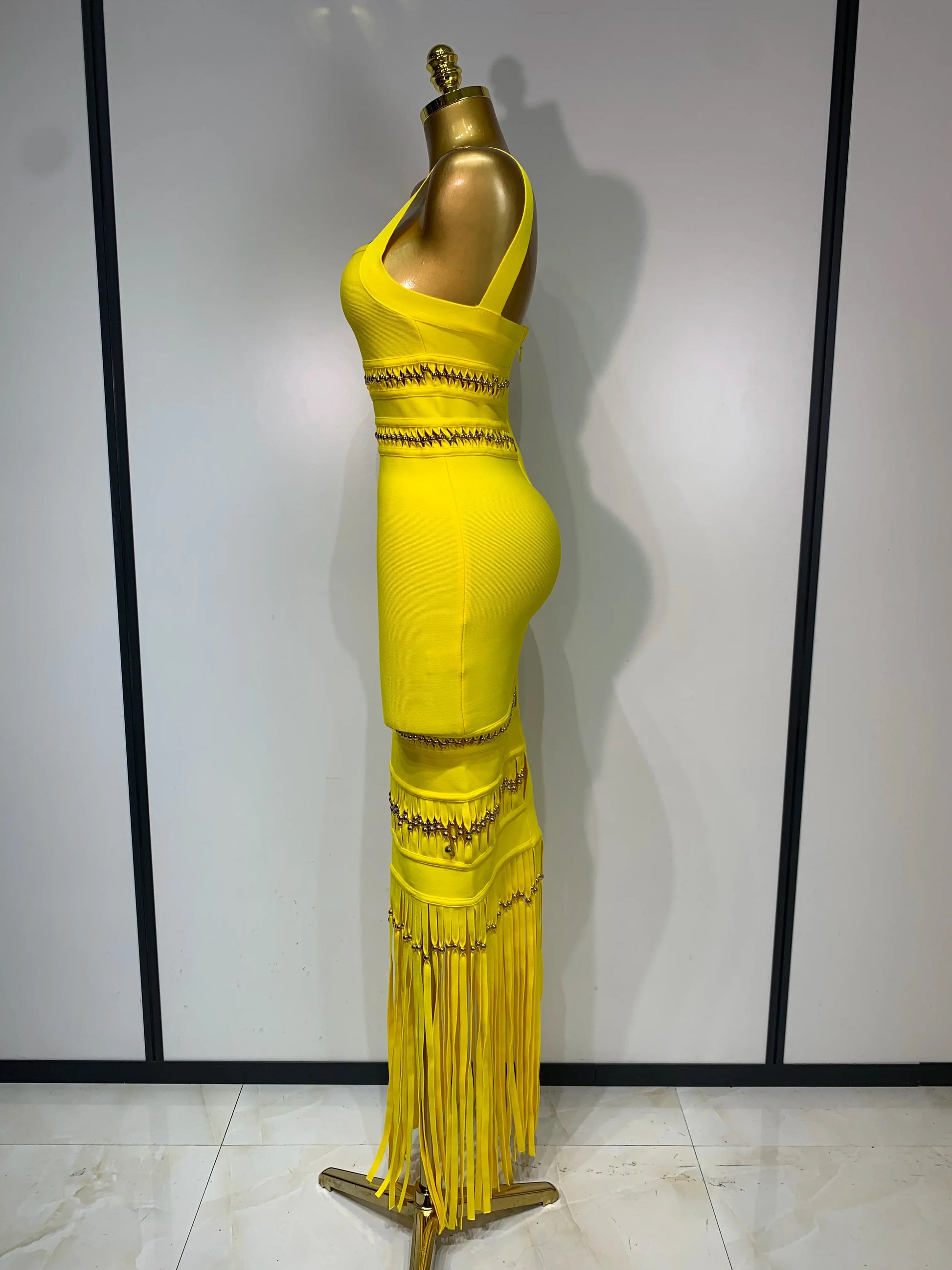 Women Sleeveless Sexy Square Collar Tassel Bodycon Bandage Dress Celebrity Elegant Evening Party High Quality Birthday Dress