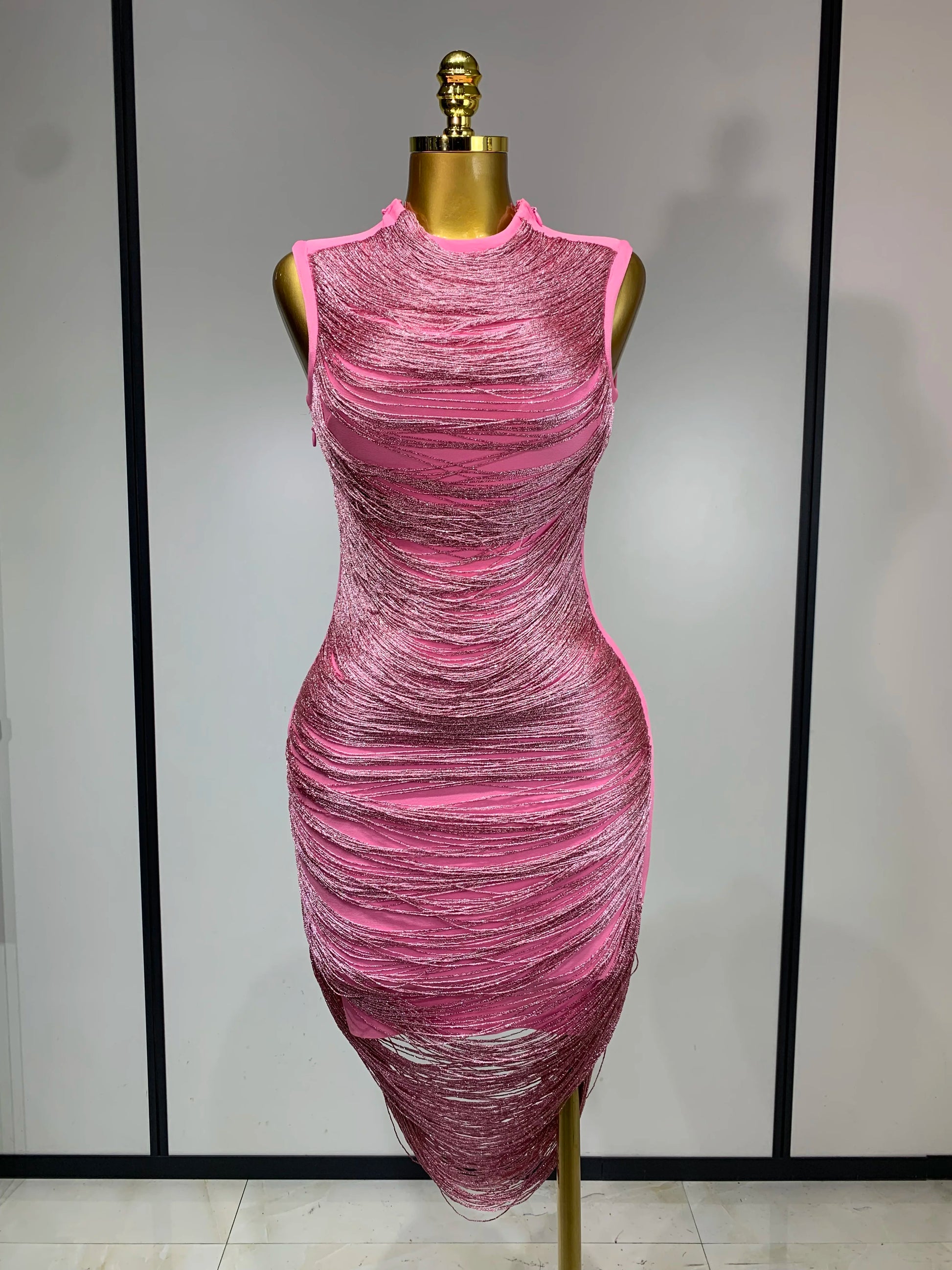 Women Sexy Tassel Pink Mini Bodycon Bandage Dress 2025 Celebrity Designer Fashion Party Evening Nightclub Dresses Cocktail Gowns Pink