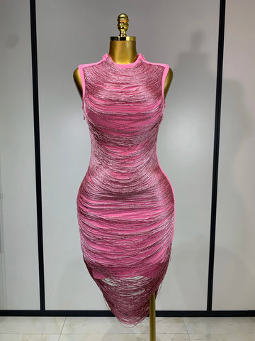 Women Sexy Tassel Pink Mini Bodycon Bandage Dress 2025 Celebrity Designer Fashion Party Evening Nightclub Dresses Cocktail Gowns Pink