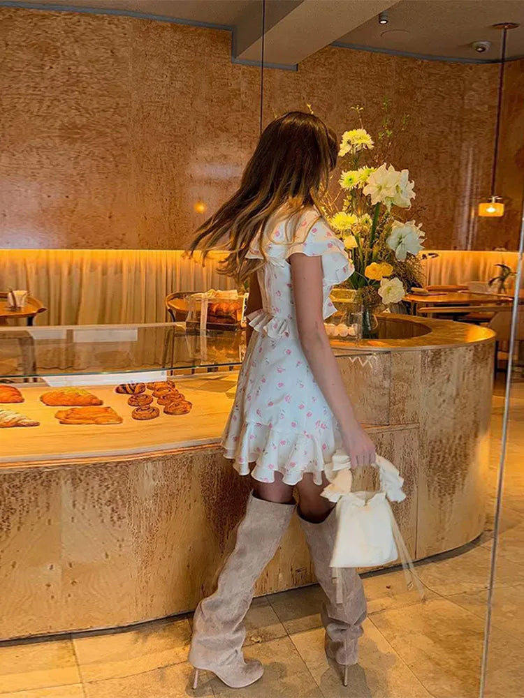 Printed Ruffle Mini Dresses Women Glamorous Deep V-neck Flying Sleeve Waist Cinching Hip Package Partywear Hot Girl New In Dress