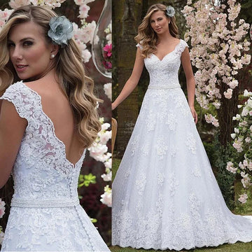 Elegant A-line Wedding Dress 2026 V-Neck Cap Sleeves Pearls Sash Lace Applique Tulle Bride Bridal Gowns Vestiods De Noiva