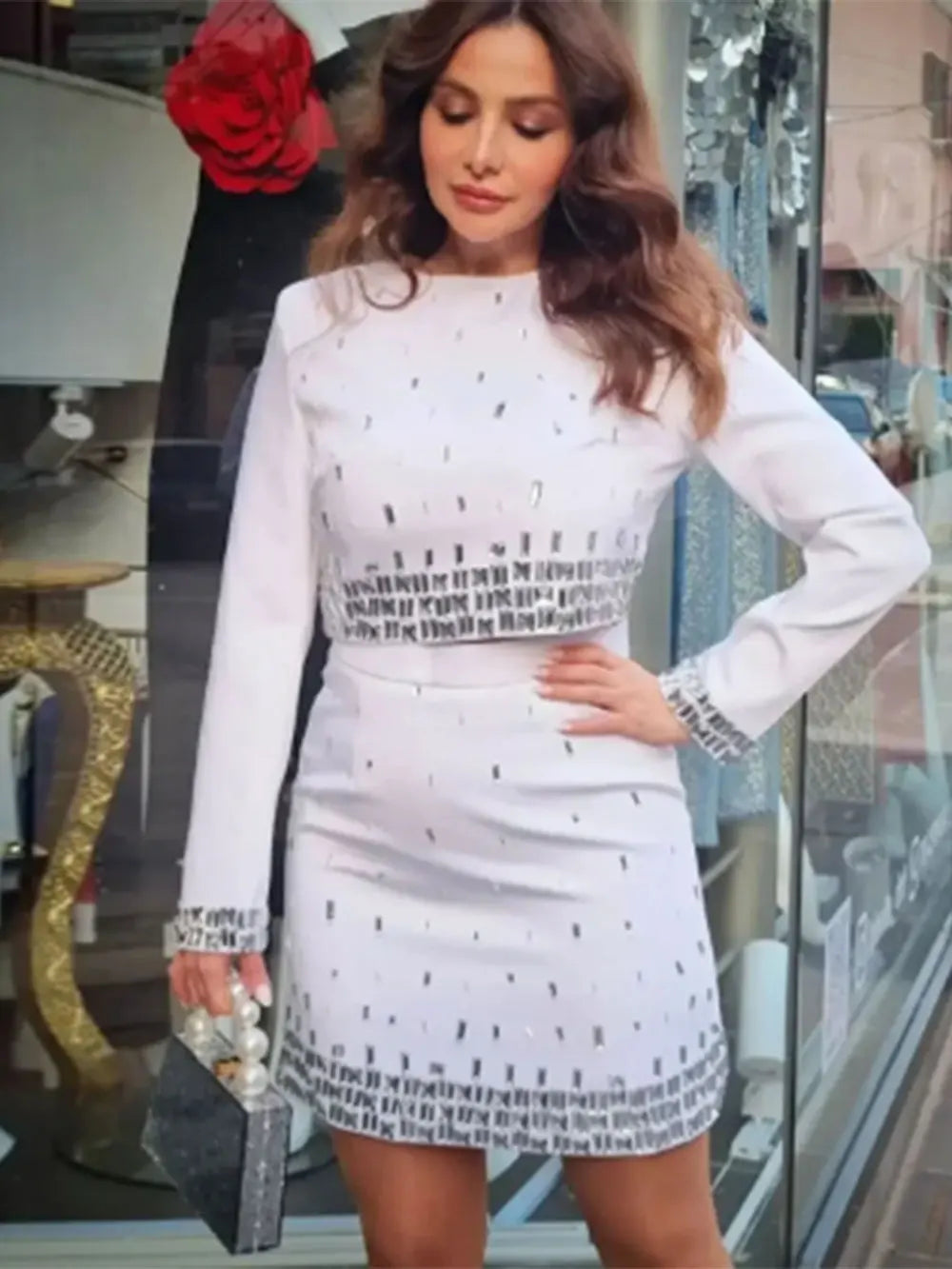 Women's Wear Heavy Industry Beaded Design Mini Skirt Sets Standing Neck Long sleeved Short Top+Short Skirt Two piece Set WHITE