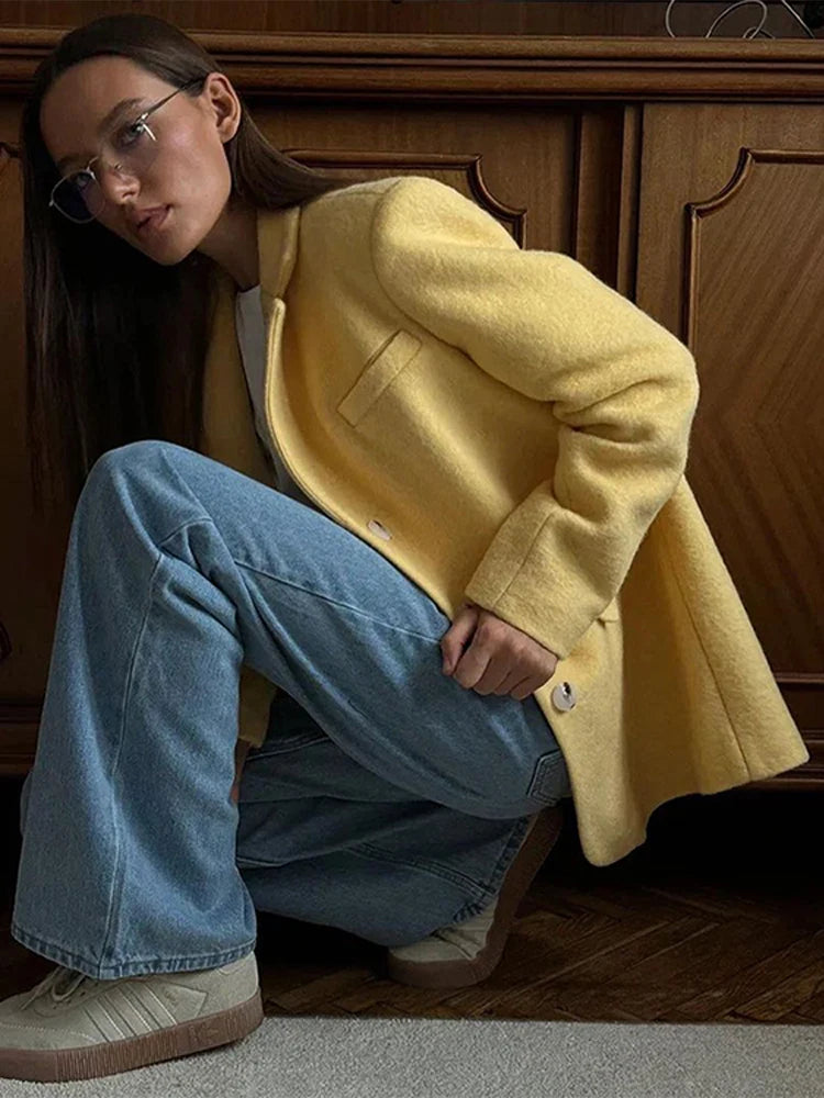 Lapel Woolen Shoulder Pad Suit Jacket Women Casual Turn-down Collar Long Sleeve Single Breasted Coats Chic Office Lady Outerwear