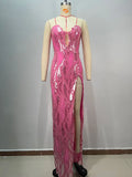 2025 Women'S Light Luxury Sequin Design Long Dress Strapless Sleeveless Bodycon Backless Sexy Maxi Dress Evening Party Vestidos Rose Red