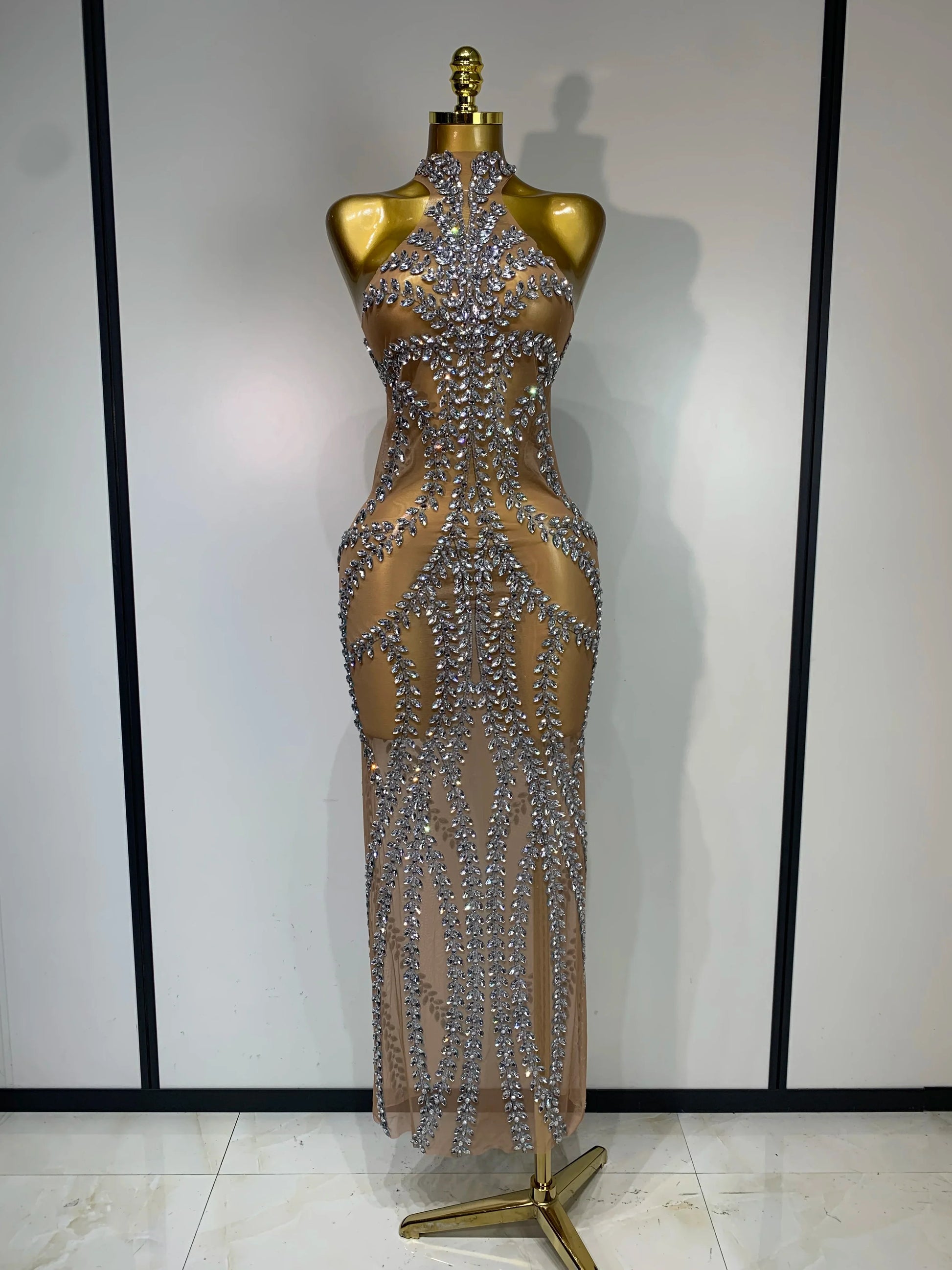 Women Sexy Sparkly Rhinestones Mesh See Through Stretch Dress Luxury Birthday Performance Stage Costume Evening Party Dress Silver