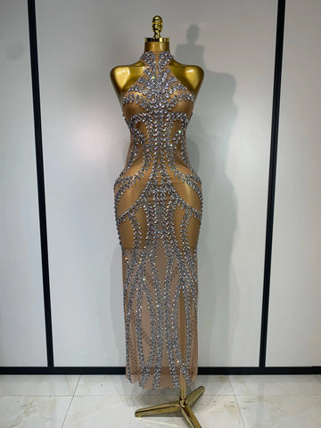 Women Sexy Sparkly Rhinestones Mesh See Through Stretch Dress Luxury Birthday Performance Stage Costume Evening Party Dress Silver