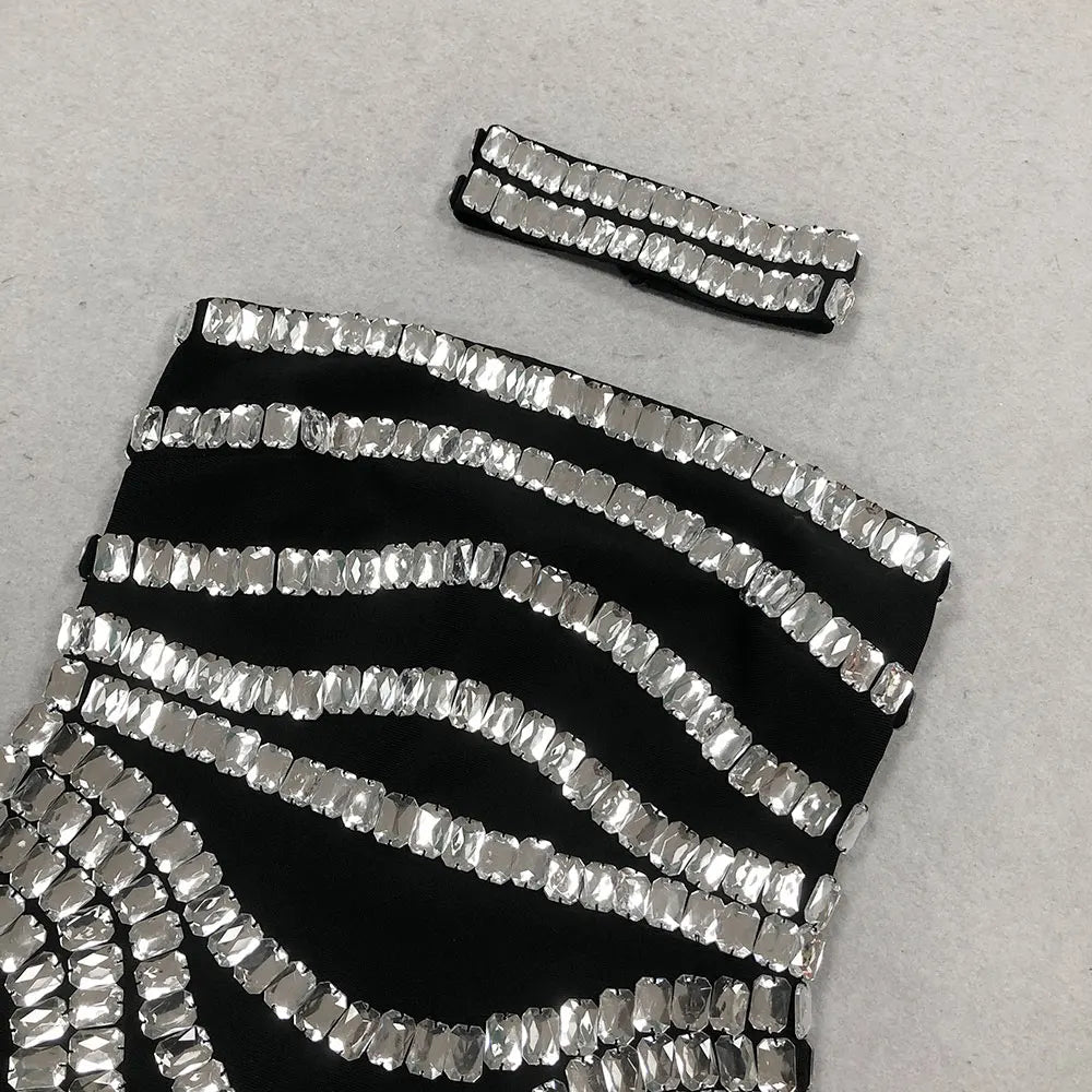 Spring Women Light Luxury Bead Design Bandage Dress+Neck Set Strapless Sleeveless Bodycon Backless Long Dress Party Vestido