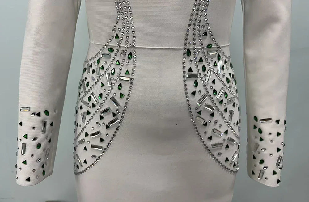 2025 Elegant Women's Light Luxury Nail Bead Bandage Dress High Collar Long Sleeve Bodycon White Long Dress Evening Party Vestido