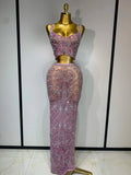 Women Sexy Two Pieces Set Celebrity Luxury Rhinestone Nightclub Skirt Suits Singer Dancer Stage Costume Evening Club Party Gowns Pink