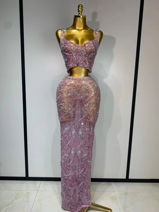 Women Sexy Two Pieces Set Celebrity Luxury Rhinestone Nightclub Skirt Suits Singer Dancer Stage Costume Evening Club Party Gowns Pink
