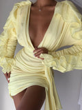 2022 New Yellow Green Women Butterfly Sleeve Sexy Deep V-Neck Bodycon Mini Dress Fashion Nightclub Party Dress