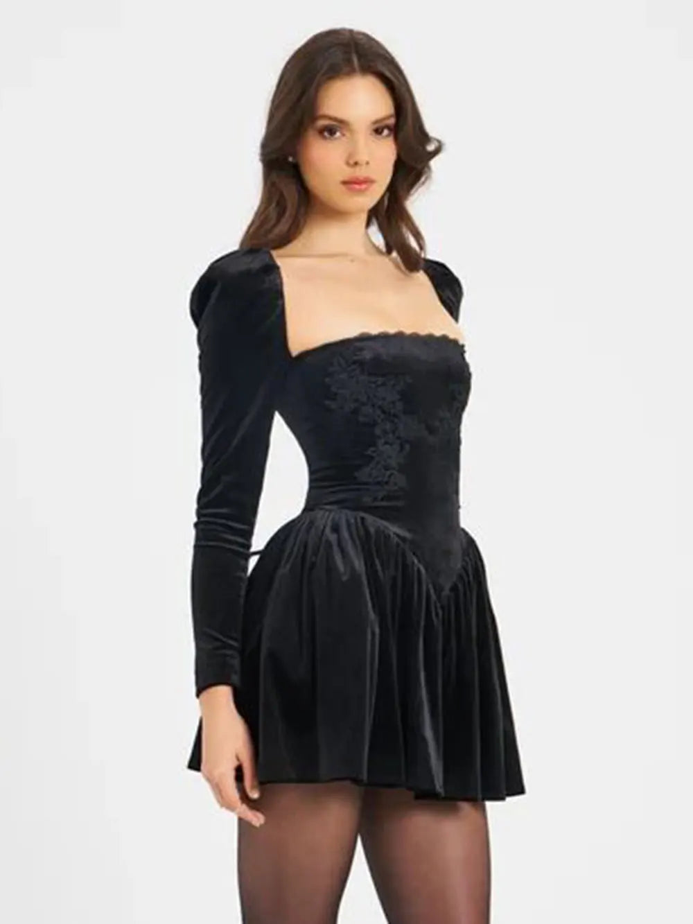 2024 Sexy Women's Christmas Dress Lace Square Collar Bubble Long Sleeve Slimming Bareback Drawstring pleated Mini Dress Vestidos