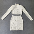 Women's Wear Heavy Industry Beaded Design Mini Skirt Sets Standing Neck Long sleeved Short Top+Short Skirt Two piece Set White bandage
