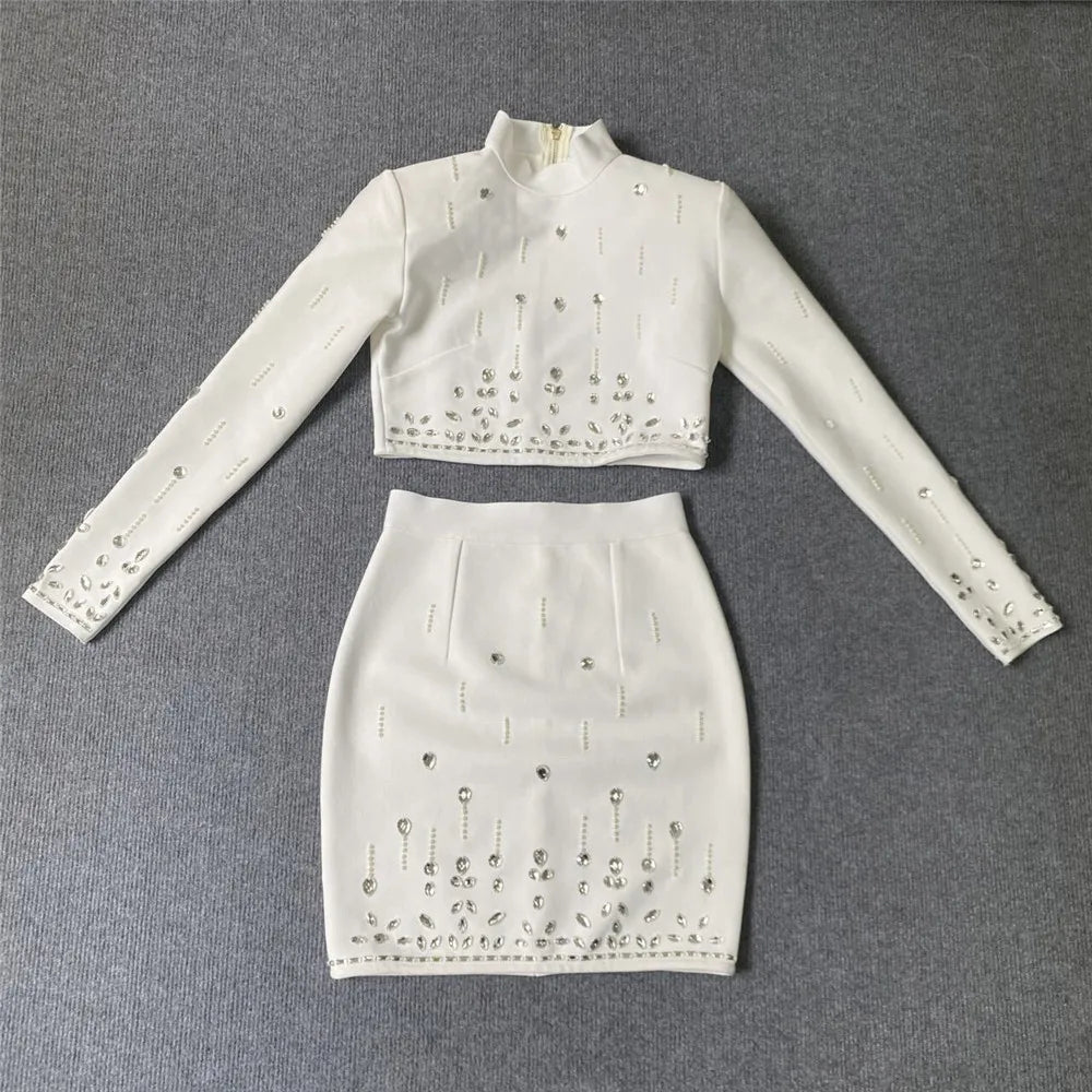 Women's Wear Heavy Industry Beaded Design Mini Skirt Sets Standing Neck Long sleeved Short Top+Short Skirt Two piece Set White bandage