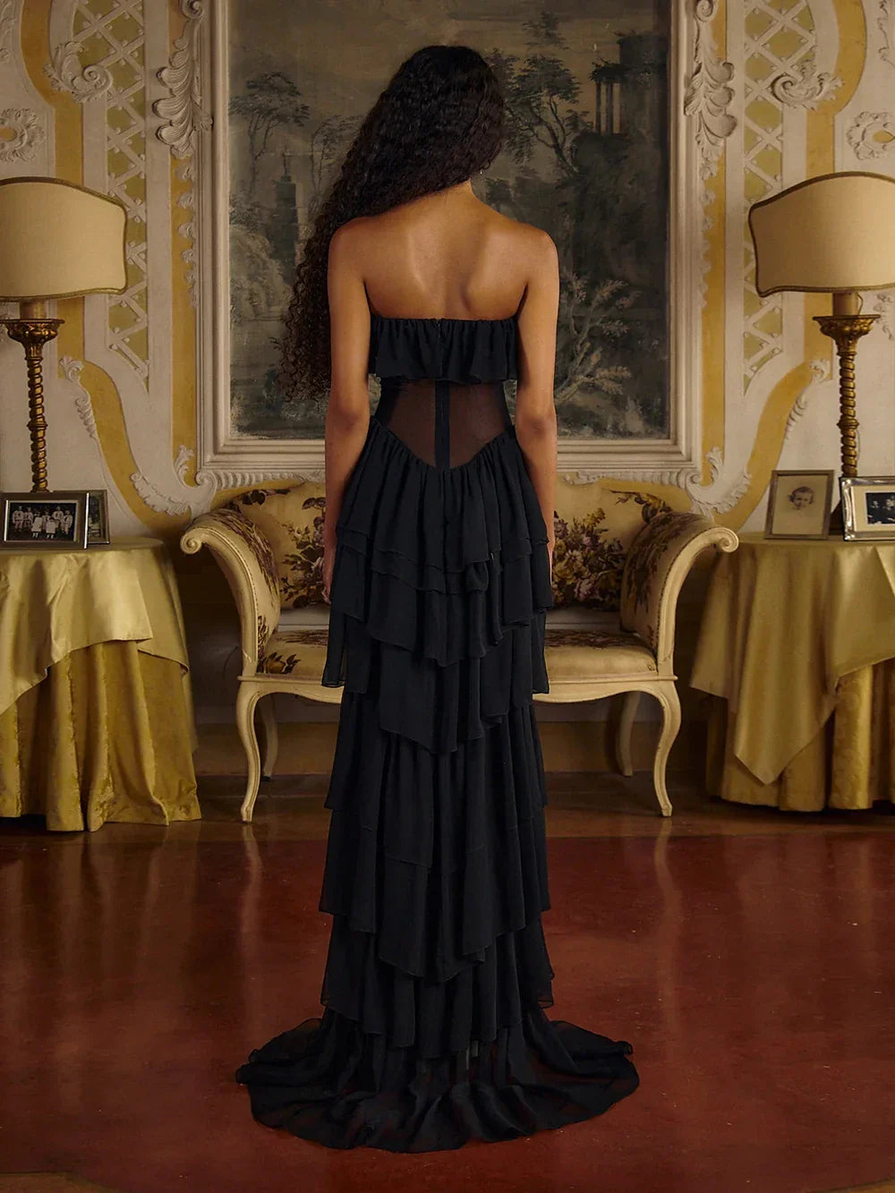 Women Sexy Strapless Ruffle Slim Maxi Dress for cummerbund Elegant Sleeveless Lady Evening Party Gowns Female Robes