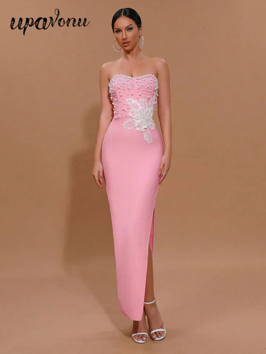Spring Sexy Women's 3D Flower Pearl Bandage Dress Strapless Sleeveless Bodycon Backless Long Dress Club Party Vestidos