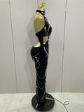 Women Sparkly Diamonds Tassels Chain Balck Sexy Halter Backless Long Dress Evening Birthday Party Celebrate Stage Costume