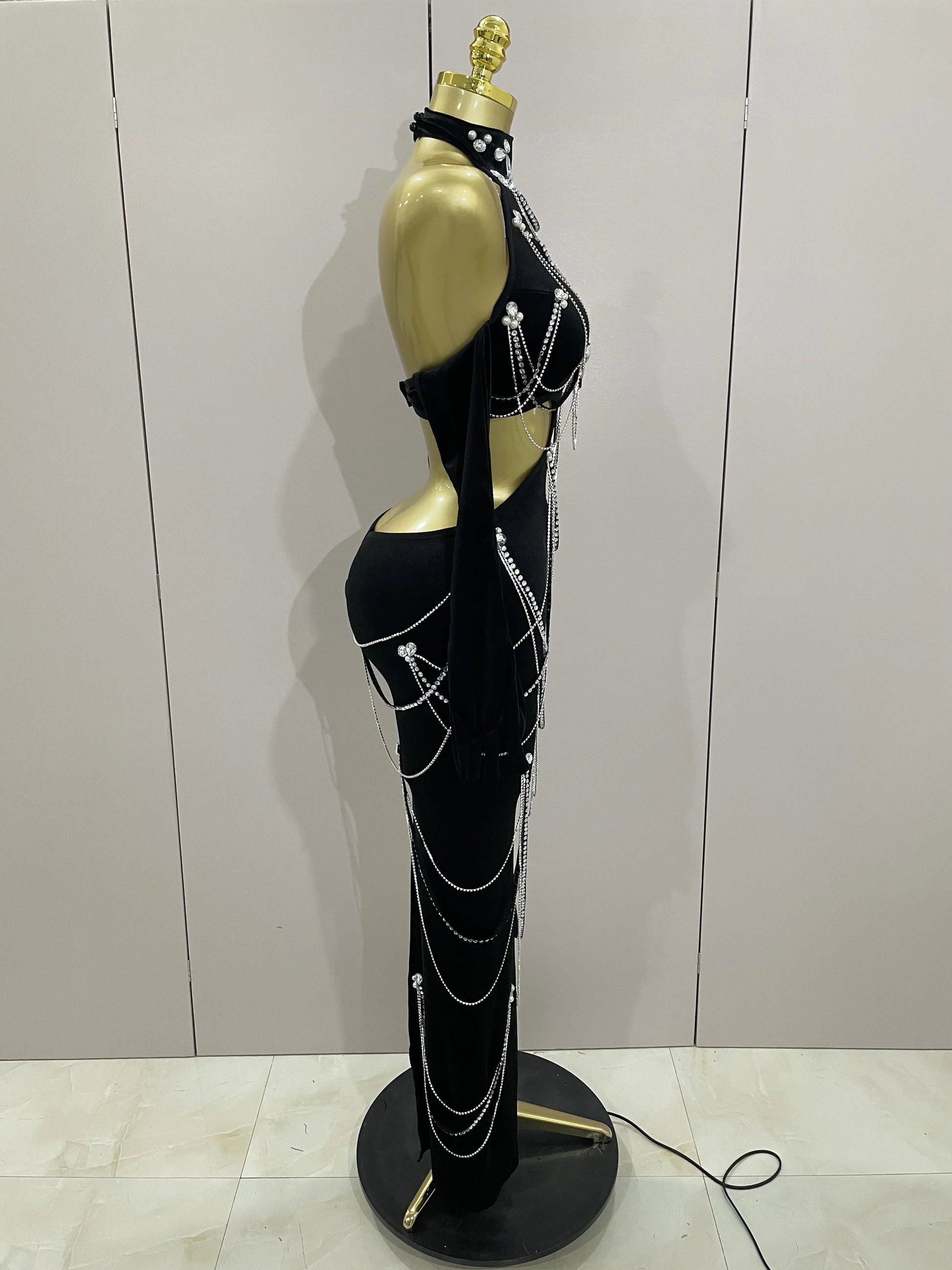 Women Sparkly Diamonds Tassels Chain Balck Sexy Halter Backless Long Dress Evening Birthday Party Celebrate Stage Costume