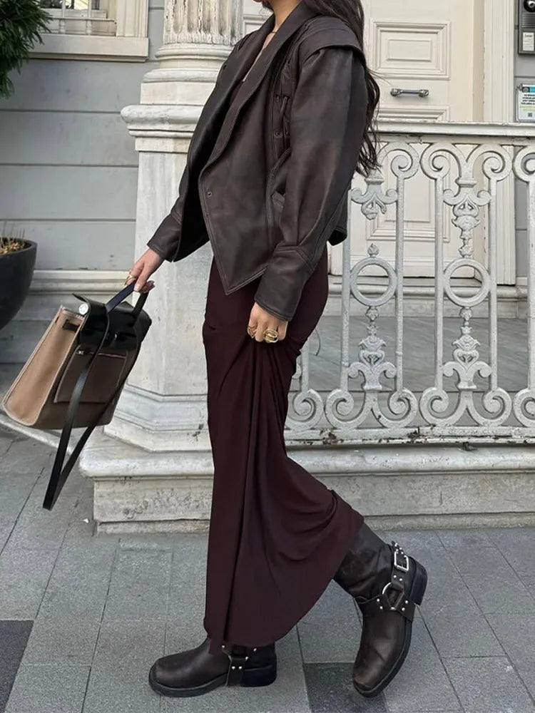 Lace Up Leather Short Coat Women's Irregualr Deep Brown Padded Long Sleeves Slim Fit V-neck Jacket 2025 Winter Lady Commute Wear