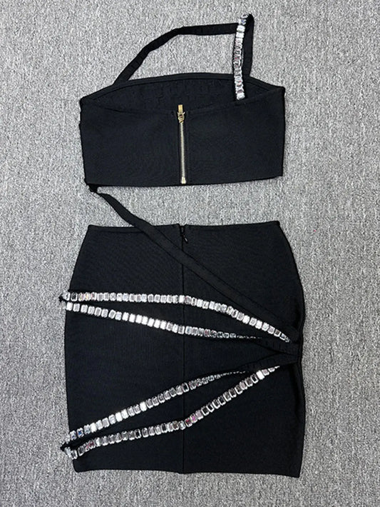 2025 Spring Sexy Women's Nail Bead Design Bandage Dress Slant Collar Sleeveless Waist Design Bag Hip Mini Dresses Party Vestidos