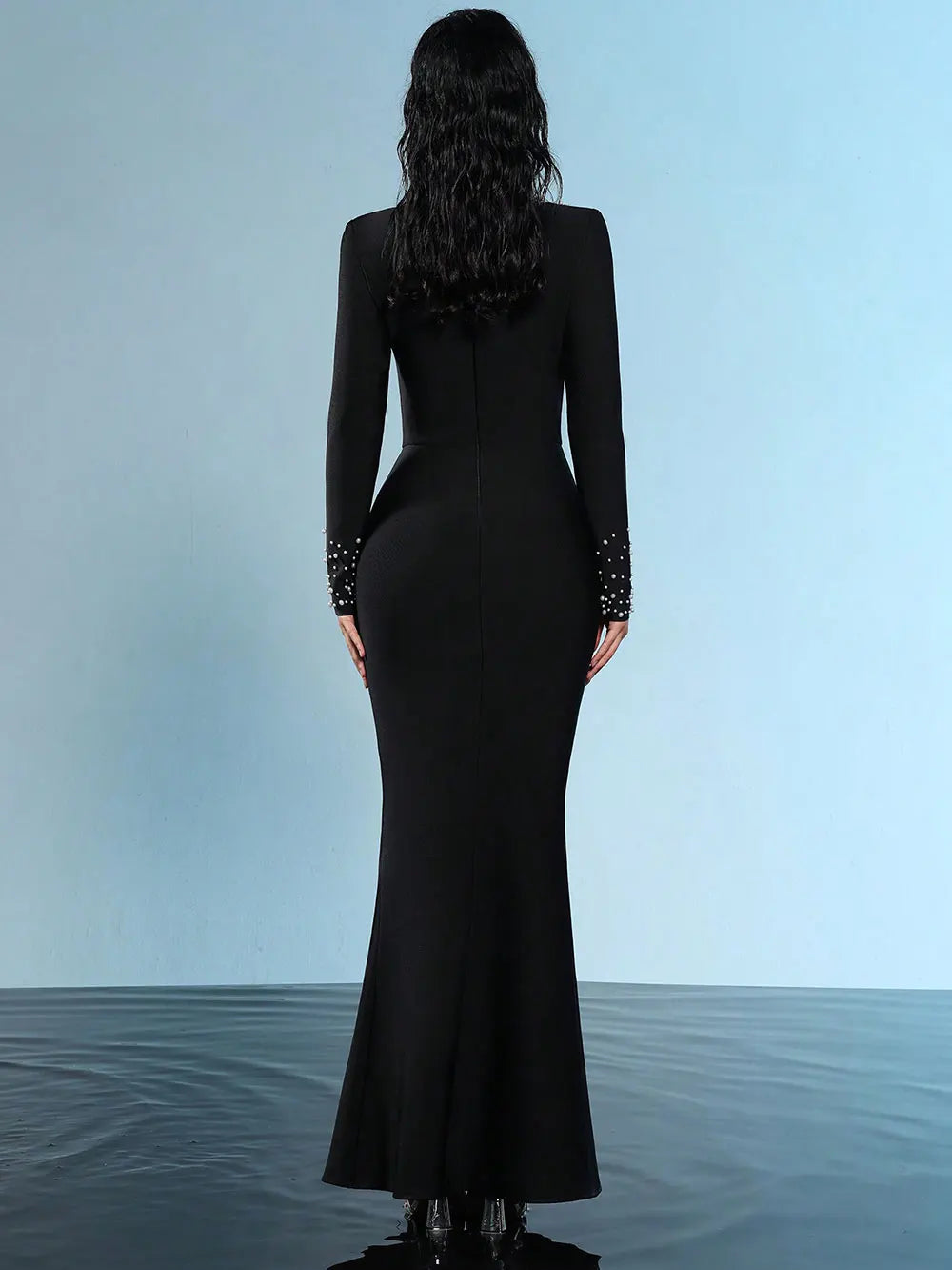 2025 Elegant Women's Nail Bead Patchwork Bandage Dress O-neck Long Sleeve Bodycon Black Long Dress Evening Club Party Vestidos