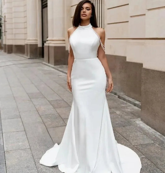 Elegant Wedding Dress Halter Sleevless Beading Mermaid Open Back Satin Woman Bride Dresses Bridal Gowns Robe Mariage