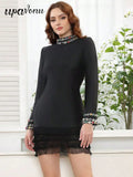 2025 Elegant Women's Mesh Patchwork Nail Bead Design Dress O-neck Long Sleeve Bodycon Mini Dress Cocktail Evening Party Vestidos