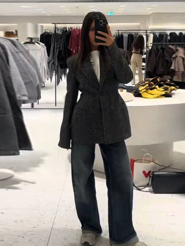 V-neck Woolen Suit Jacket Pants 2 Pcs Suits Women Elegant Lapel Long Sleeve Waist Cinching Coat High Waist Wide Leg Trousers New