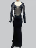 2024 Autumn Women's Light Luxury Diamond Mesh Patchwork Bandage Dress Long Sleeve Bodycon Tail Dresses Evening Party Vestidos black