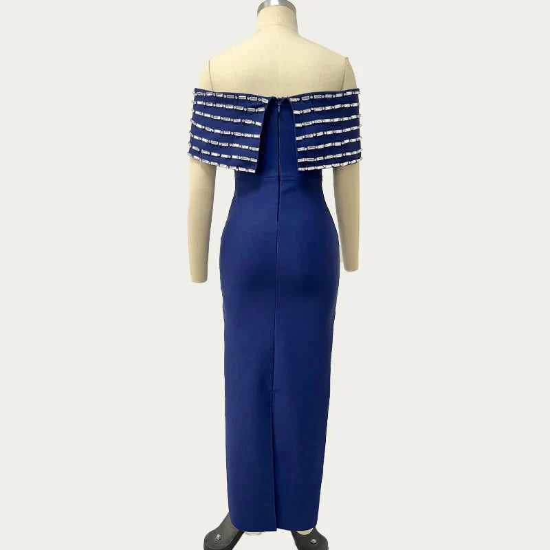 New Blue Color Women Sexy Slash Neck Off the Shoulder Shinning Crystal Bodycon Long Bandage Dress Elegant Evening Party Outfit