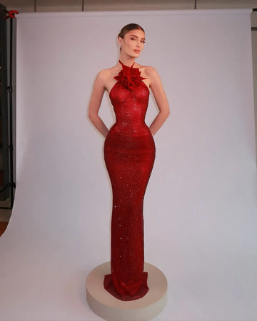 New Arrival Women Sexy Halter Shinning Rhinestones Backless Bodycon Long Dress Celebrate Nightclub Party Wedding Outfit Red