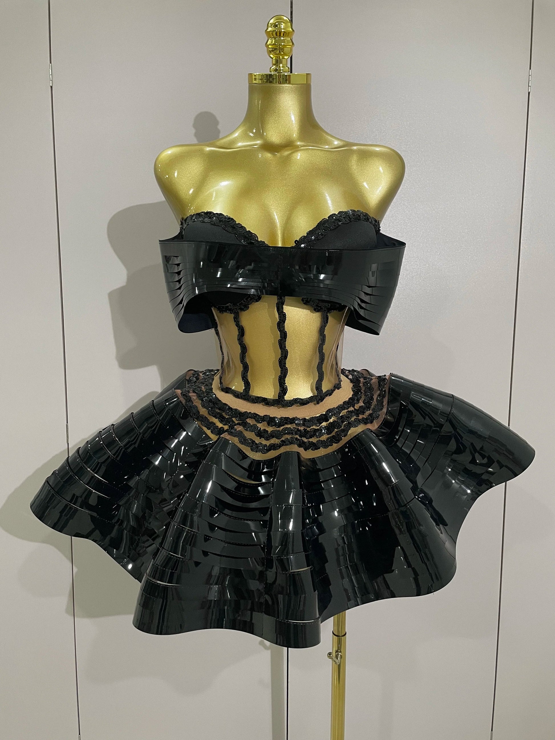 Women Silver Sequins Rhinestone Sexy Backless Two Piece Set Birthday Party Club Fancy Outfit Stage Performance Costume black