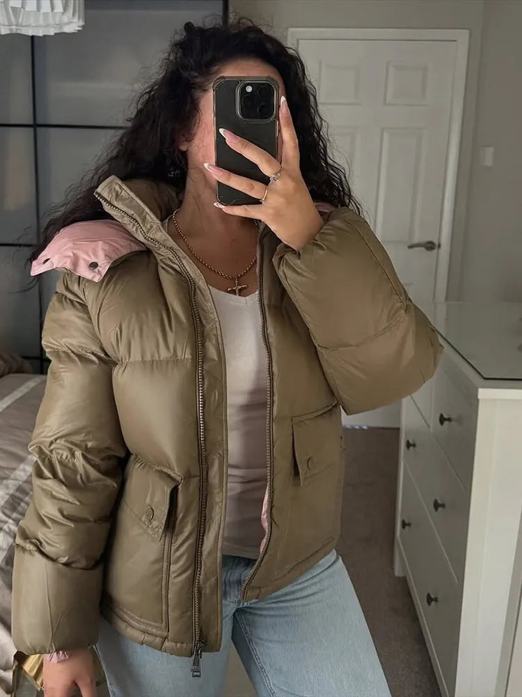 Stand Collar Hooded Loose Padded Jacket Women Casual Solid Long Sleeve Zipper Pocket Autumn Winter Coats Chic Lady Outerwear New