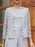 Mother Of The Bride Dress - Elegant 3 Piece Evening Dress Chiffon Lace Square Neck 3/4 Sleeve Floor-Length Appliques Jacket Prom Gown2025 Free Customized