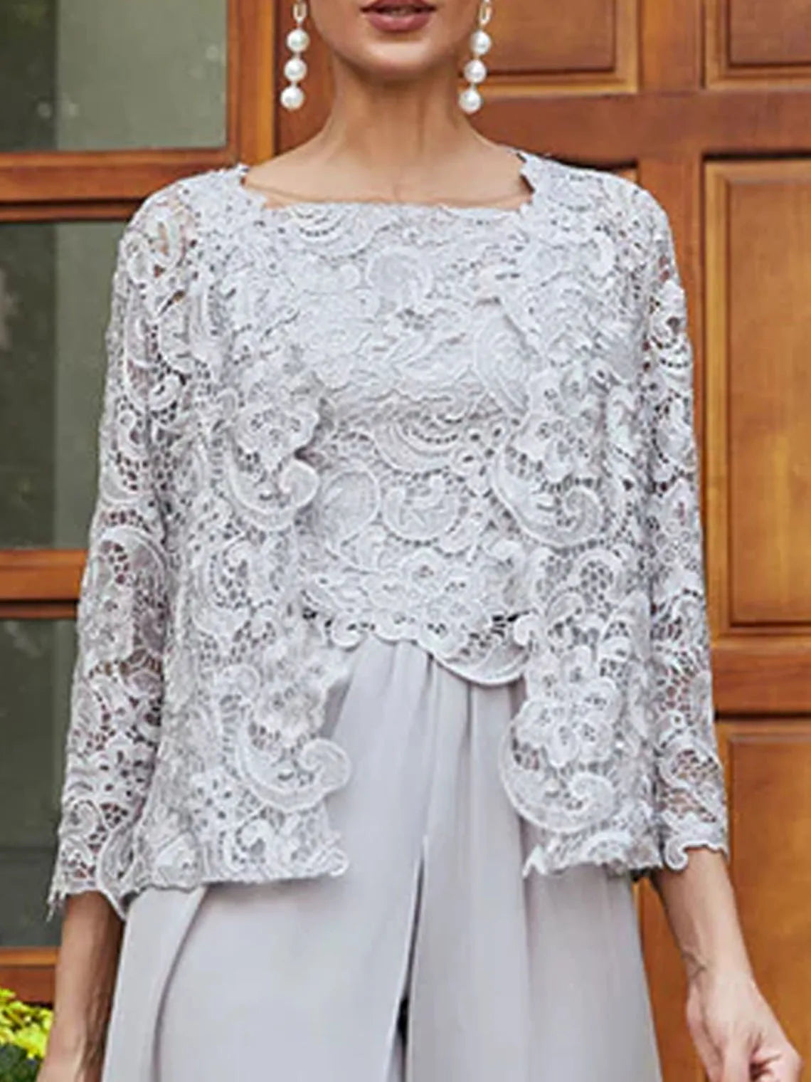 Mother Of The Bride Dress - Elegant 3 Piece Evening Dress Chiffon Lace Square Neck 3/4 Sleeve Floor-Length Appliques Jacket Prom Gown2025 Free Customized