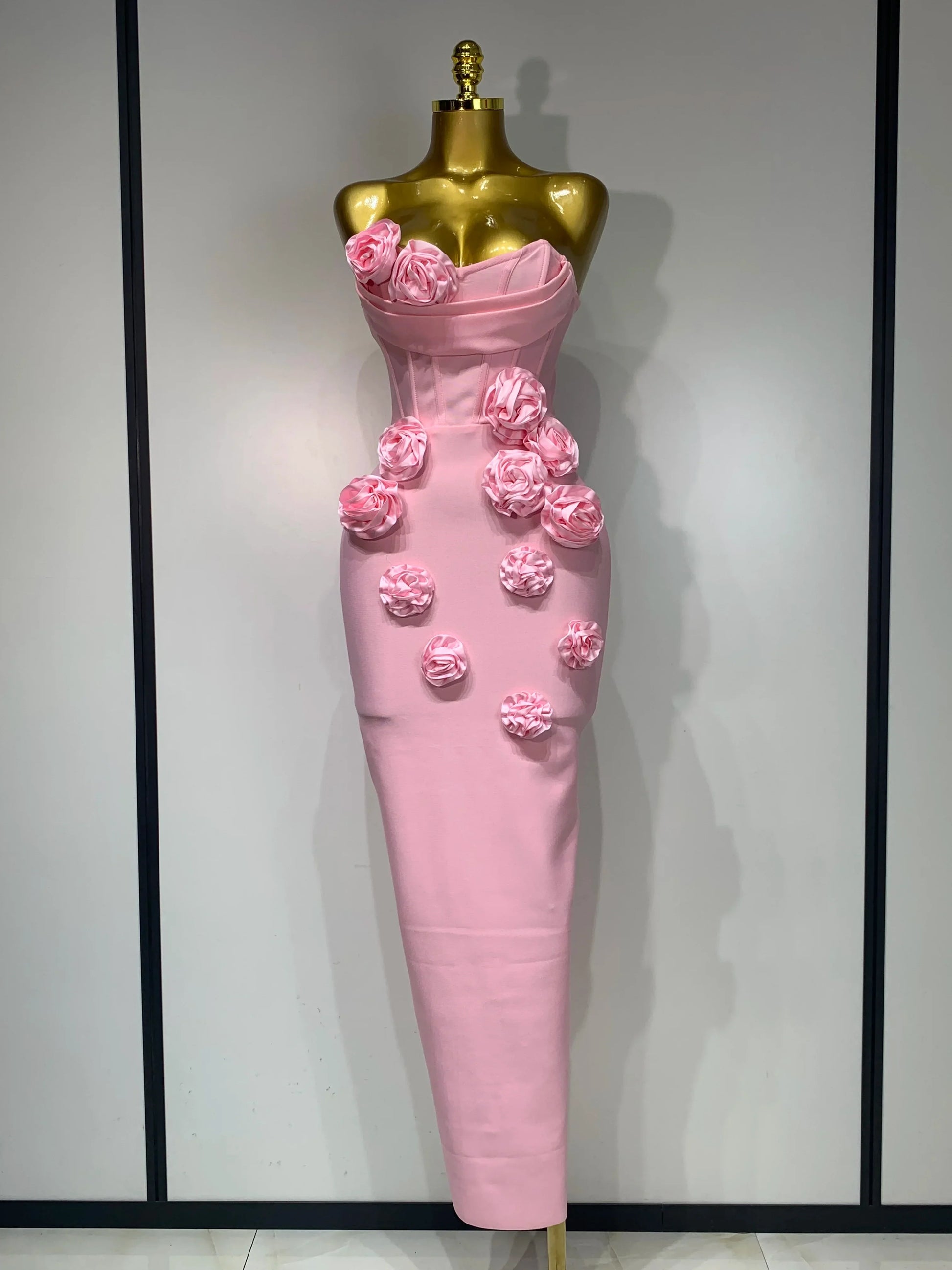 Women Sexy Strapless Florals Strapless Bodycon Bandage Dress Celebrity Elegant Festival Celebrate Evening Party Birthday Dresses Pink