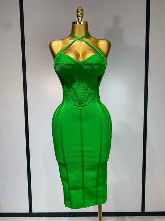 Women Sexy Sleeveless Backless Green Midi Bodycon Bandage Dress Celebrity Elegant Evening Club Party Luxury Birthday Dress green