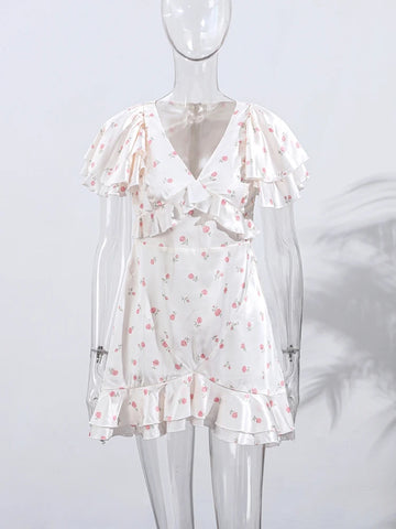 Printed Ruffle Mini Dresses Women Glamorous Deep V-neck Flying Sleeve Waist Cinching Hip Package Partywear Hot Girl New In Dress
